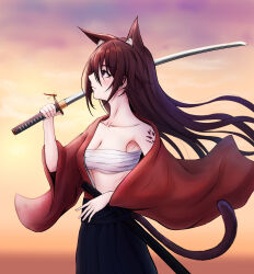 Rule 34 | 1girl, absurdres, alternate costume, animal ear fluff, animal ears, arknights, bandages, bandeau, black hair, black skirt, breasts, cat ears, cat tail, chest sarashi, cleavage, collarbone, commentary request, cowboy shot, highres, holding, holding sword, holding weapon, japanese clothes, katana, kimono, long sleeves, material growth, medium breasts, melantha (arknights), midriff, namonaki yuchan, off shoulder, oripathy lesion (arknights), outdoors, purple eyes, red kimono, sarashi, scabbard, sheath, single bare shoulder, skirt, solo, standing, strapless, sword, tail, tube top, weapon