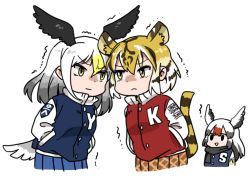Rule 34 | &gt;:s, &gt;:|, 10s, 3girls, :d, :s, :|, alternate costume, alternate eye color, angry, animal ears, animal print, anyan (jooho), bald eagle (kemono friends), bird, bird tail, bird wings, black eyes, black scarf, blonde hair, blue jacket, blue skirt, brown hair, brown skirt, buttons, chibi, chibi inset, closed mouth, cowboy shot, crane (animal), cropped legs, cropped torso, dot nose, empty eyes, extra ears, eye contact, eyelashes, gradient hair, grey hair, hair between eyes, hands in pockets, head wings, jacket, kemono friends, latin text, letterman jacket, long hair, long sleeves, looking at another, motion lines, multicolored clothes, multicolored hair, multicolored jacket, multiple girls, no nose, open mouth, plaid, plaid skirt, pleated skirt, pocket, popped collar, red-crowned crane, red-crowned crane (kemono friends), red hair, red jacket, scarf, school uniform, shaded face, simple background, skirt, smile, streaked hair, striped tail, tail, tareme, tiger (kemono friends), tiger ears, tiger print, tiger tail, trembling, tsurime, upper body, v-shaped eyebrows, white background, white hair, white jacket, wings, yellow eyes