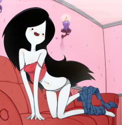 Rule 34 | 1girl, adventure time, aratagawa nikei, black hair, blush, blush stickers, candle, cartoon network, couch, fangs, female focus, full body, indoors, long hair, looking at viewer, marceline abadeer, open mouth, panties, solo, thigh gap, tongue, underwear, vampire