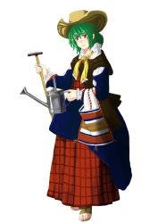 Rule 34 | 1girl, alternate costume, amibazh, full body, green hair, hat, kazami yuuka, light smile, looking at viewer, plaid, red eyes, sandals, scarf, short hair, solo, straw hat, toes, touhou, transparent background, watering can, yellow scarf