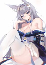Rule 34 | 1girl, ahoge, animal ear fluff, animal ears, azur lane, bare shoulders, blue eyes, blunt bangs, blurry, breasts, cleavage, collarbone, commentary request, crossed legs, detached collar, dot nose, feet out of frame, fox ears, fox tail, grey hair, hair ornament, highres, komuer, large breasts, long hair, looking at viewer, off shoulder, shinano (azur lane), simple background, sitting, smile, solo, split mouth, tail, thighhighs, thighs, white background, white thighhighs