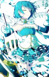 Rule 34 | 10s, 1girl, armband, conductor baton, blue hair, cape, closed eyes, fortissimo, gloves, hair ornament, hairclip, highres, magical girl, mahou shoujo madoka magica, mahou shoujo madoka magica (anime), mahou shoujo madoka magica movie 1 &amp; 2, miki sayaka, multiple swords, musical note, musical note hair ornament, short hair, solo, staff (music), sword, water, weapon, zgxuke