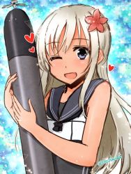 Rule 34 | 1girl, blue eyes, blush, commentary request, crop top, flower, hair between eyes, hair flower, hair ornament, holding, kantai collection, long hair, looking at viewer, mashayuki, one-piece swimsuit, one-piece tan, one eye closed, open mouth, ro-500 (kancolle), school swimsuit, school uniform, serafuku, simple background, smile, solo, swimsuit, swimsuit under clothes, tan, tanline, torpedo, white hair
