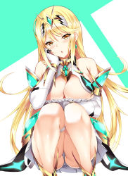 Rule 34 | 1girl, absurdres, bare shoulders, blonde hair, breasts, chest jewel, daive, earrings, elbow gloves, gem, gloves, green background, hair between eyes, headpiece, highres, jewelry, large breasts, long hair, looking at viewer, mythra (xenoblade), nintendo, panties, pantyshot, sitting, solo, two-tone background, underwear, white background, white gloves, xenoblade chronicles (series), xenoblade chronicles 2, yellow eyes