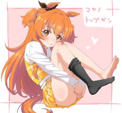Rule 34 | 1girl, animal ears, barefoot, black ribbon, bow, character name, commentary request, ear ribbon, feet, full body, highres, horse ears, horse girl, horse tail, legs, long hair, long sleeves, looking at viewer, mayano top gun (umamusume), orange eyes, orange hair, revision, ribbon, sincos, socks, soles, solo, tail, translated, two side up, umamusume