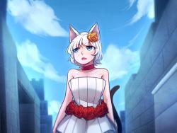 Rule 34 | 1girl, :o, animal ears, bare arms, bare shoulders, blue eyes, blue sky, brick wall, cat ears, cat girl, cat tail, choker, cloud, collarbone, day, dress, flower, hair flower, hair ornament, looking away, open mouth, rabi-ribi, red choker, red flower, red rose, rose, short hair, sky, solo, speckticuls, strapless, strapless dress, tail, vanilla (rabi ribi), white dress, white hair, yellow flower, yellow rose