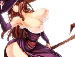 Rule 34 | areola slip, armpits, ass, bare shoulders, blush, breasts, cleavage, dragon&#039;s crown, hat, huge breasts, itama, sorceress (dragon&#039;s crown), staff, vanillaware, weapon