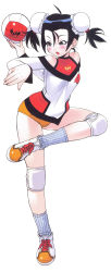 Rule 34 | 1girl, absurdres, ahoge, bad link, ball, black eyes, black hair, blush, bun cover, buruma, double bun, female focus, flexible, full body, hair bun, highres, holding, holding ball, knee pads, long sleeves, numbered, open mouth, orange buruma, original, playing sports, scan, shoes, simple background, sneakers, solo, standing, standing on one leg, twintails, volleyball, volleyball (object), white background, yoshizaki mine
