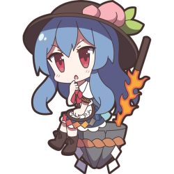 Rule 34 | 1girl, 60mai, apron, blue hair, blue skirt, blush, boots, brown footwear, brown hat, chestnut mouth, chibi, food, fruit, full body, hand to own mouth, hand up, hat, hinanawi tenshi, keystone, leaf, long hair, looking at viewer, neck ribbon, open mouth, peach, puffy short sleeves, puffy sleeves, red eyes, red ribbon, ribbon, rope, shide, shimenawa, shirt, short sleeves, simple background, sitting, skirt, solo, sword, sword of hisou, touhou, weapon, white background, white shirt