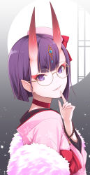 Rule 34 | 1girl, bob cut, fang, fang out, fate/grand order, fate (series), finger to mouth, floral print, glasses, ha-ru, hat, headpiece, highres, horns, japanese clothes, kimono, looking at viewer, oni, parted lips, pink kimono, pointy ears, purple eyes, purple hair, short hair, shuten douji (dress for demons) (fate), shuten douji (fate), skin-covered horns, smile, solo, upper body