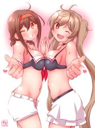 Rule 34 | 10s, 2girls, :d, ;d, adapted costume, ahoge, alternate hairstyle, bikini, bikini top only, black bikini, blush, breast press, breasts, brown eyes, brown hair, dated, hair ornament, hairband, heart, highres, kanon (kurogane knights), kantai collection, light brown hair, long hair, looking at viewer, low twintails, medium breasts, multiple girls, murasame (kancolle), navel, one eye closed, open mouth, orange eyes, pointing, pointing at viewer, pointing finger, red hairband, shiratsuyu (kancolle), short hair, short twintails, shorts, skirt, smile, swimsuit, symmetrical docking, twintails