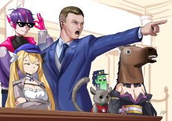 Rule 34 | 2girls, 3boys, absurdres, ace attorney, andrew esquire, blonde hair, breasts, character request, cleavage, crossed arms, dokibird (vtuber), falseeyed, gator (vtuber), green eyes, highres, holding, holding phone, horse mask, indie virtual youtuber, khoaphan96, mask, monkey, multiple boys, multiple girls, phone, purple hair, real life, rima evenstar, sunglasses, twintails, virtual youtuber
