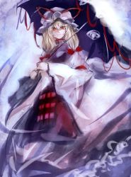 Rule 34 | 1girl, blonde hair, bow, colorized, dress, hair bow, hair ornament, hat, hat bow, kozou (soumuden), long hair, long sleeves, looking at viewer, mob cap, red eyes, simple background, sketch, smile, solo, tabard, touhou, umbrella, white dress, wide sleeves, yakumo yukari