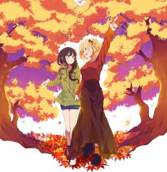 Rule 34 | 2girls, absurdres, alternate hairstyle, autumn, autumn leaves, black hair, blonde hair, braid, commentary request, day, full body, grass, hair ribbon, highres, holding hands, hood, hoodie, inoue takina, light blush, long hair, long skirt, looking at another, lycoris recoil, multiple girls, nishikigi chisato, open mouth, outdoors, purple eyes, red eyes, ribbon, shirt, shoes, short hair, shorts, skirt, smile, sneakers, tomu (tom 309k), tree, yuri