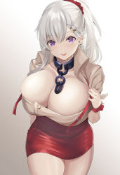 Rule 34 | 1girl, absurdres, apron, azur lane, beige shirt, belfast (azur lane), belfast (piping-hot perfection) (azur lane), braid, breasts, broken, broken chain, chain, chain, cleavage, french braid, hair between eyes, hair ornament, hair scrunchie, highres, huge breasts, long hair, looking at viewer, low neckline, neneneji, purple eyes, red apron, red scrunchie, scrunchie, short sleeves, simple background, solo, tongue, tongue out, white hair