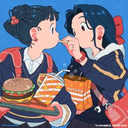 2girls backpack bag black_hair blue_background blue_eyes blue_hair bow burger buttons charm_(object) cheese collared_shirt commissioner_name cup disposable_cup earrings eating feeding folded_ponytail food french_fries from_side hair_bow half_updo heart heart_earrings highres hood hood_down hooded_jacket jacket jewelry looking_at_another multiple_girls onoconokoko0625 original paper_bag pleated_skirt red_bag red_bow red_eyes ring shirt signature simple_background skirt steam sweater thank_you tomato tray v-neck watch white_shirt wristwatch