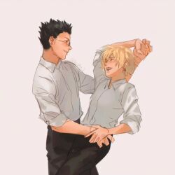 Rule 34 | 1boy, 1other, androgynous, black hair, black pants, blonde hair, blush, closed eyes, collared shirt, cowboy shot, crystal earrings, earrings, glasses, hunter x hunter, jewelry, kurapika, leorio paladiknight, loiska j, long sleeves, looking at another, male focus, pants, profile, shirt, short hair, signature, simple background, sleeves rolled up, smile, white background, white shirt