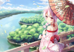 Rule 34 | 1girl, bare shoulders, blue sky, braid, cloud, crab, day, floral print, flower, forest, hair flower, hair ornament, japanese clothes, kimono, kuuki shoujo, lake, long hair, long sleeves, looking at viewer, looking back, md5 mismatch, milkshakework, nature, off shoulder, oil-paper umbrella, personification, pink eyes, pink hair, railing, sash, sergestid shrimp in tungkang, sky, smile, solo, umbrella, wide sleeves, xuan ying