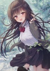 Rule 34 | 1girl, :d, black skirt, blazer, blush, bow, branch, breasts, briefcase, brown hair, collared shirt, commentary, day, dress shirt, floating hair, grey jacket, highres, holding, jacket, kuro futoshi, looking at viewer, medium breasts, open clothes, open jacket, open mouth, original, outdoors, pleated skirt, red bow, red eyes, revision, school briefcase, school uniform, shirt, skirt, smile, solo, tree, white shirt