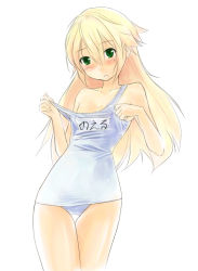 Rule 34 | 1girl, arc system works, bad id, bad pixiv id, blazblue, blonde hair, blush, flat chest, green eyes, long hair, noel vermillion, one-piece swimsuit, school swimsuit, simple background, solo, swimsuit, undressing, white one-piece swimsuit, white school swimsuit, yui 7