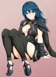Rule 34 | 1girl, ashita yaru, black thighhighs, blue eyes, blue hair, breasts, bridal gauntlets, byleth (female) (fire emblem), byleth (fire emblem), cleavage, closed mouth, fire emblem, fire emblem: three houses, full body, hair between eyes, large breasts, long hair, looking at viewer, nintendo, pink background, sitting, smile, solo, thighhighs