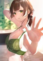 Rule 34 | 1girl, arm up, bare arms, bare shoulders, blurry, bra, breasts, brown hair, cleavage, depth of field, green bra, green eyes, highres, large breasts, long hair, looking at viewer, low ponytail, open mouth, original, solo, takeashiro, underwear, underwear only, upper body
