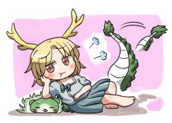 Rule 34 | 1girl, afterimage, barefoot, blonde hair, blue shirt, blush, closed mouth, dragon horns, dragon tail, full body, green skirt, horns, kicchou yachie, otter spirit (touhou), pleated skirt, red eyes, rokugou daisuke, shirt, short hair, short sleeves, signature, skirt, solo, tail, touhou, turtle shell, yellow horns