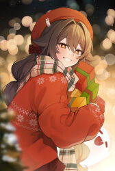 Rule 34 | 1girl, alternate costume, blush, boo tao (genshin impact), brown hair, christmas, flower-shaped pupils, genshin impact, gift, gya (144), hair between eyes, hat, highres, holding, holding gift, hu tao (genshin impact), long hair, long sleeves, looking at viewer, open mouth, red eyes, red hat, red sweater, scarf, smile, solo, sweater, symbol-shaped pupils, teeth