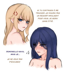 2girls a_ai_ri anger_vein blonde_hair blue_eyes blue_hair blush breasts cleavage clorinde_(genshin_impact) closed_mouth commentary_request flying_sweatdrops french_text genshin_impact highres large_breasts lipstick_mark lipstick_mark_on_breast lipstick_mark_on_face long_hair looking_at_another multiple_girls navia_(genshin_impact) nude purple_eyes simple_background translated upper_body white_background yuri