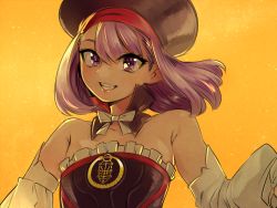 Rule 34 | 1girl, :d, armpits, bare shoulders, close-up, detached collar, detached sleeves, dress, fate/grand order, fate (series), flat chest, hair between eyes, hat, helena blavatsky (fate), hikizan, long eyelashes, looking at viewer, open mouth, orange background, purple eyes, purple hair, ribbon, sefirot, short hair, simple background, smile, solo, sparkling eyes, strapless, tsurime