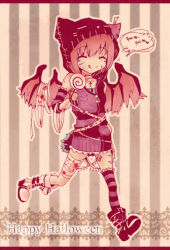 Rule 34 | 1girl, :q, ^ ^, alternate costume, bandages, blood, boots, closed eyes, contemporary, female focus, full body, halloween, happy, highres, hood, jakkun, lasvegas, mystia lorelei, pink hair, pink theme, short hair, solo, striped background, striped clothes, striped thighhighs, thighhighs, tongue, tongue out, touhou, wings