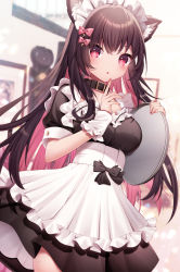 Rule 34 | 1girl, :o, absurdres, animal ear fluff, animal ears, apron, black collar, black dress, blurry, blurry background, breasts, brown hair, collar, colored inner hair, commentary request, depth of field, dress, frilled apron, frills, hands up, heart, heart-shaped pupils, highres, holding, holding tray, indoors, long hair, looking at viewer, maid, medium breasts, multicolored hair, original, parted lips, pink hair, puffy short sleeves, puffy sleeves, red eyes, sapphire (sapphire25252), short sleeves, solo, standing, symbol-shaped pupils, tray, two-tone hair, very long hair, white apron, wrist cuffs