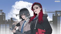 Rule 34 | 2girls, black hair, black jacket, blue neckwear, blue sky, building, cellphone, city, cloud, cloudy sky, collared shirt, day, earrings, gado, green hair, grey eyes, hair between eyes, highres, holding, holding phone, hood, hood down, jacket, jewelry, lip piercing, lips, long hair, looking at viewer, mole, mole under eye, multicolored clothes, multicolored hair, multicolored jacket, multiple girls, nail polish, necktie, open clothes, original, outdoors, parted lips, phone, piercing, red bag, red eyes, red hair, red nails, shirt, short hair, sky, smartphone, smile, twitter username, two-tone hair, two-tone jacket, upper body, white legwear, window, zipper, zipper pull tab