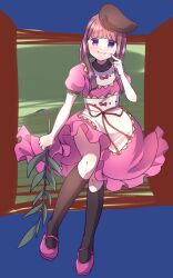 Rule 34 | 1girl, ahodemoaru, apron, black socks, bow, brown hair, brown hat, closed mouth, dress, frilled dress, frills, full body, hat, highres, holding, holding plant, kneehighs, looking at viewer, nishida satono, one-hour drawing challenge, plant, purple dress, purple eyes, purple footwear, red bow, shoes, short hair with long locks, short sleeves, sidelocks, smile, socks, solo, touhou, waist apron, white apron