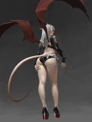 Rule 34 | 1girl, absurdres, ass, back, bangku an, black footwear, black jacket, black nails, black shorts, commentary, dark background, demon girl, demon tail, demon wings, from behind, full body, hand on thigh, high heels, highres, jacket, long hair, long sleeves, looking to the side, louboutins, micro shorts, nail polish, original, pointy ears, shorts, solo, standing, tail, white hair, wings