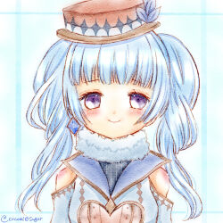 Rule 34 | 1girl, arms at sides, blue background, blue hair, blue jacket, blunt bangs, blush, brown hat, closed mouth, clothing cutout, dot nose, fur scarf, hat, jacket, kumi seika, lapels, long hair, looking at viewer, macaron cocoa, magia record: mahou shoujo madoka magica gaiden, mahou shoujo madoka magica, portrait, purple eyes, scarf, shoulder cutout, simple background, smile, solo, straight-on, top hat, twintails, twitter username, white scarf