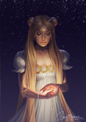 Rule 34 | 1990s (style), 1girl, artist name, bead bracelet, beads, bishoujo senshi sailor moon, blonde hair, bracelet, charlie bowater, collarbone, crescent, crescent facial mark, double bun, dress, earrings, eyeshadow, facial mark, forehead mark, gem, glowing, hair bun, hair ornament, jewelry, lips, long hair, looking down, makeup, mascara, necklace, night, night sky, parted bangs, pearl (gemstone), pearl bracelet, princess serenity, puffy short sleeves, puffy sleeves, realistic, reflection, retro artstyle, sailor moon, short sleeves, signature, sky, solo, sparkle, star (sky), starry sky, tsukino usagi, twintails, very long hair, white dress