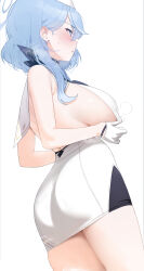 Rule 34 | 1girl, absurdres, ako (blue archive), bare shoulders, blue archive, blue eyes, blue hair, blush, breasts, dress, earrings, gloves, hair between eyes, highres, jewelry, large breasts, long hair, mochirong, parted lips, sailor collar, sideboob, sleeveless, sleeveless dress, solo, steam, sweat, white background