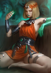 Rule 34 | aleriia v, ancient greek clothes, armlet, armpits, belt, blonde hair, breasts, greco-roman clothes, green lips, hades (series), head wreath, heterochromia, highres, looking at viewer, medium breasts, melinoe (hades), parted hair, see-through body, short hair, sideboob, sitting, skeletal arm, thighlet, thighs, v-shaped eyebrows