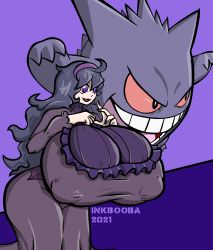 Rule 34 | 1girl, @ @, absurdres, alternate breast size, bad id, bad twitter id, black hair, breasts, commentary, covered erect nipples, creatures (company), dress, game freak, gen 1 pokemon, gengar, gigantic breasts, hairband, hex maniac (pokemon), highres, impossible clothes, impossible dress, inkbooba, lips, long hair, nintendo, npc trainer, pokemon, pokemon (creature), pokemon xy, puffy nipples, purple eyes, self-upload, simple background, smile, thick thighs, thighs