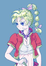 Rule 34 | 1girl, blonde hair, blue eyes, breasts, chrono cross, cleavage, commentary request, groin, high ponytail, jewelry, kid (chrono cross), knife, long hair, midriff, multi-tied hair, necklace, ponytail, s-a-murai, solo, vest