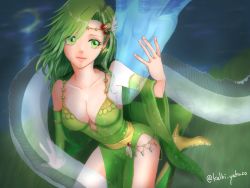Rule 34 | 1girl, aged up, breasts, cape, cleavage, closed mouth, detached sleeves, dress, earrings, final fantasy, final fantasy iv, green eyes, green hair, hair ornament, highres, jewelry, knees out of frame, long hair, mist dragon, rydia (ff4), smile, thighhighs