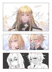 Rule 34 | 3koma, androgynous, armor, bishounen, black choker, blonde hair, blue eyes, blush, brother and sister, chinese clothes, choker, comic, commentary, covering own mouth, english commentary, english text, flower, gepard landau, green eyes, greyscale, hair between eyes, hetero, highres, honkai: star rail, honkai (series), lily (flower), long hair, looking at another, luocha (honkai: star rail), monochrome, multicolored hair, serval landau, short hair, siblings, spot color, streaked hair, sunshine 1505, v-shaped eyebrows, white flower, yaoi