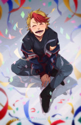 Rule 34 | 10s, 1boy, 2017, ^ ^, bad id, bad pixiv id, blonde hair, closed eyes, con potata, confetti, dated, closed eyes, happy birthday, ice skates, jacket, male focus, minami kenjirou, multicolored hair, open mouth, red hair, sitting, skates, smile, track jacket, two-tone hair, yuri!!! on ice