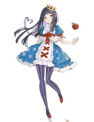 Rule 34 | 1girl, apple, aramosaurus, black hair, blue dress, bow, commentary, crown, dress, food, fruit, full body, grey eyes, highres, long hair, maerchen (album), pantyhose, puffy short sleeves, puffy sleeves, purple pantyhose, red bow, red footwear, schneewittchen, short sleeves, simple background, solo, sound horizon, white background, white dress