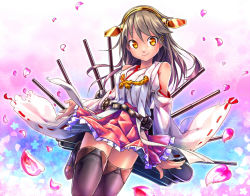 Rule 34 | 10s, 1girl, brown eyes, brown hair, detached sleeves, hair ornament, hairband, hairclip, haruna (kancolle), kantai collection, lace, lace-trimmed skirt, lace trim, long hair, looking at viewer, machinery, magenta (atyana), nontraditional miko, petals, ribbon-trimmed sleeves, ribbon trim, skirt, smile, solo, tetals, turret, wide sleeves