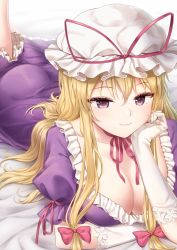 Rule 34 | 1girl, arm ribbon, ass, bed sheet, blonde hair, bow, breasts, choker, cleavage, collarbone, commentary request, dress, eyelashes, feet out of frame, frills, gloves, hair between eyes, hair bow, hand up, hat, hat ribbon, head rest, highres, large breasts, long hair, looking at viewer, lying, minust, mob cap, on stomach, petticoat, puffy short sleeves, puffy sleeves, purple dress, purple eyes, red bow, red choker, red ribbon, ribbon, ribbon choker, short sleeves, sidelocks, smile, solo, touhou, white gloves, white hat, yakumo yukari