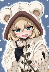 Rule 34 | 10s, 1girl, animal hood, black sweater, blush, coat, commentary, embarrassed, fang, girls und panzer, highres, hood, katyusha (girls und panzer), long sleeves, looking at viewer, offering hand, poty (misaman339), reaching, reaching towards viewer, short hair, snow, solo, standing, sweater, upper body, wavy mouth, white coat