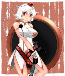 Rule 34 | 1girl, alternate costume, aoshima, breasts, dress, female focus, gloves, hat, highres, impossible clothes, impossible shirt, inubashiri momiji, large breasts, red eyes, shield, shirt, short hair, sleeveless, sleeveless dress, solo, sword, tokin hat, touhou, weapon, white hair