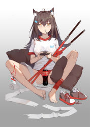 Rule 34 | 1girl, ahoge, alternate costume, animal ears, arknights, bare legs, barefoot, breasts, brown footwear, brown hair, candy, closed mouth, cola, commentary request, controller, earrings, extra ears, food, food in mouth, full body, game controller, gradient background, grey background, hair between eyes, highres, id card, jewelry, leg warmers, lollipop, long hair, looking at viewer, medium breasts, mouth hold, orange eyes, panties, penguin logistics logo, pillow, playing games, polka dot, polka dot panties, red panties, shirt, shoes, unworn shoes, short sleeves, skying, soda bottle, solo, spread legs, sword, texas (arknights), toes, underwear, weapon, white shirt, wolf ears, wolf girl